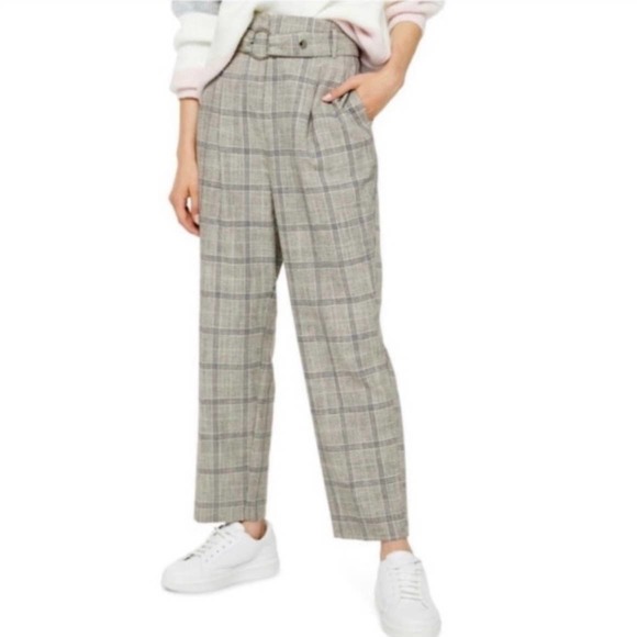 Topshop Window Pane Plaid Belted Cropped Straight Leg Trouser Pants Size 6 - Picture 1 of 13